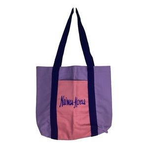 Vintage NEIMAN MARCUS Tote Bag Pink Purple Blue Straps Canvas 80's